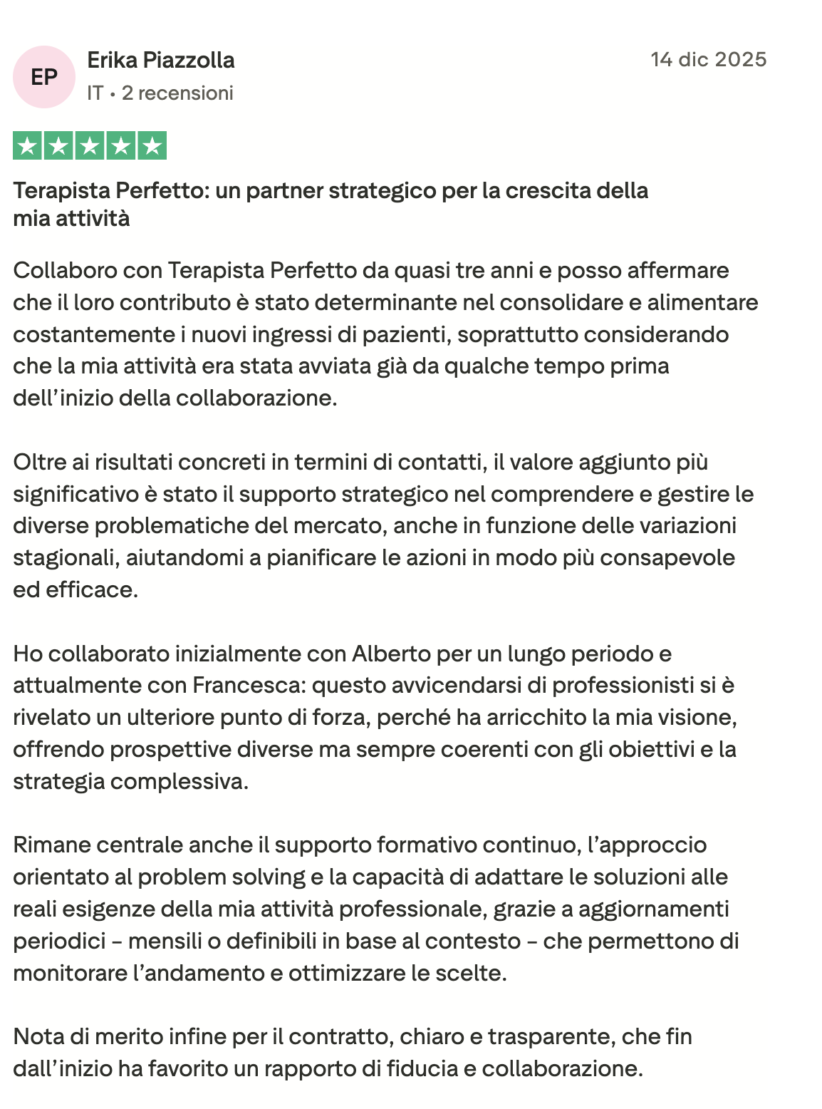 Recensione Trustpilot Erika Piazzolla - Un partner strategico per la crescita