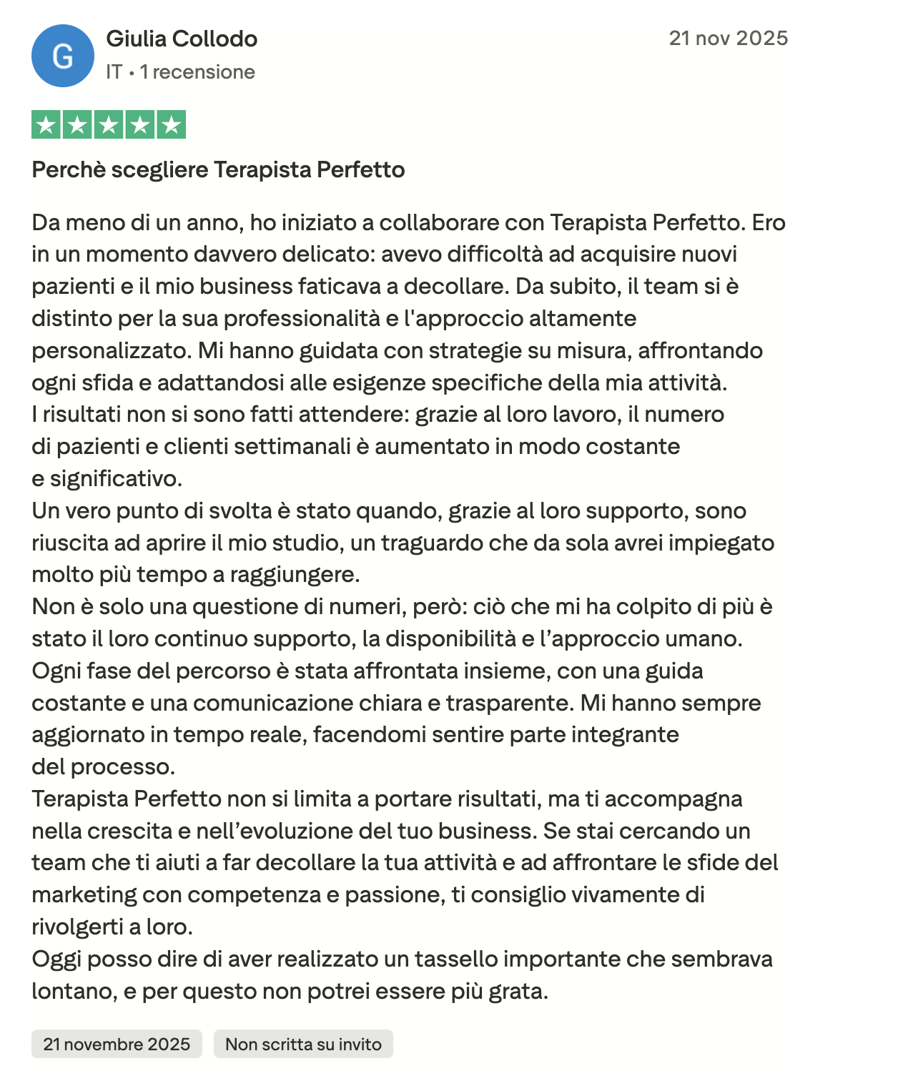 Recensione Trustpilot Giulia Collodo - Perché scegliere Terapista Perfetto