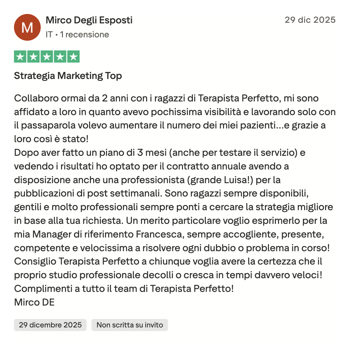 Recensione Trustpilot Mirco Degli Esposti - Strategia Marketing Top